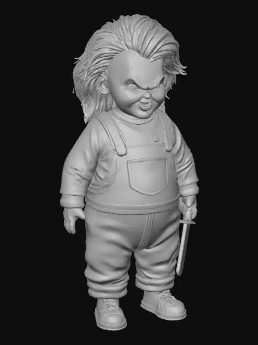 3D model for A disturbingly obese Chucky doll, his familiar red overalls stretched tightly over a massive, doughy torso and stubby, bloated limbs, the fabric tearing at the seams. His iconic ginger hair is now greasy and matted against a broad, swollen face, where his usual menacing grin appears distorted and stretched, emphasizing his cold, blue eyes. His tiny, blood-stained plastic knife seems almost comically small in his thick, stubby hand., #Halloween2025#