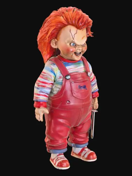 3D model for A disturbingly obese Chucky doll, his familiar red overalls stretched tightly over a massive, doughy torso and stubby, bloated limbs, the fabric tearing at the seams. His iconic ginger hair is now greasy and matted against a broad, swollen face, where his usual menacing grin appears distorted and stretched, emphasizing his cold, blue eyes. His tiny, blood-stained plastic knife seems almost comically small in his thick, stubby hand., #Halloween2025#