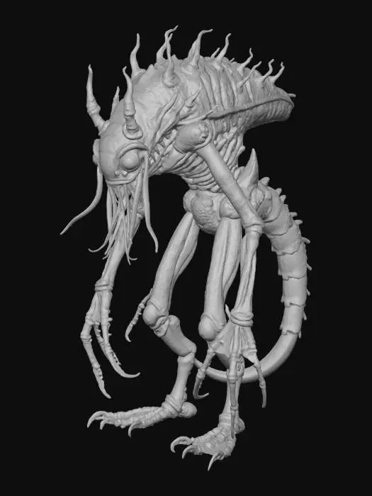 3D model for A parasitic, insectoid horror with a chitinous exoskeleton of mottled grey and sickly green, resembling decaying bark. Its multi-jointed limbs end in barbed claws. From its insect-like head, a coiled, proboscis-like tongue unfurls, long and slender, with a metallic sheen. The tip of this tongue splits into four razor-thin, vibrating filaments, each designed to pierce and siphon nutrients, leaving behind a subtle, corrosive residue., #Halloween2025#