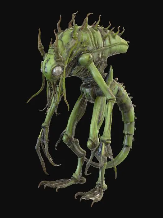 3D model for A parasitic, insectoid horror with a chitinous exoskeleton of mottled grey and sickly green, resembling decaying bark. Its multi-jointed limbs end in barbed claws. From its insect-like head, a coiled, proboscis-like tongue unfurls, long and slender, with a metallic sheen. The tip of this tongue splits into four razor-thin, vibrating filaments, each designed to pierce and siphon nutrients, leaving behind a subtle, corrosive residue., #Halloween2025#