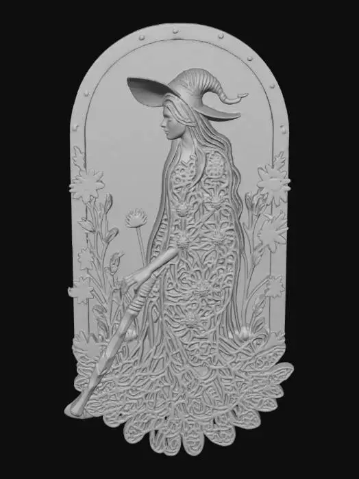 3D model for A multi-layered 3D laser-cut witch wall art, featuring a dark slate grey outer silhouette. Beneath this top layer, intricate, mandala-inspired patterns are carved into lighter, creamy off-white layers, revealing complex floral and tribal motifs. The entire piece has a smooth, matte wood-like texture, creating distinct depth and shadow play between its stacked components., #Halloween2025#