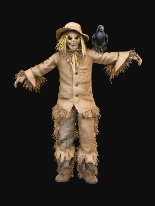 3D model for Foreground: A looming scarecrow with tattered burlap clothes, straw sticking out of its sleeves, and a sinister stitched grin. A raven perches on one of its crooked arms, wings slightly spread.

Midground: Rows of corn, broken fence posts, and hanging crows on strings for eerie texture.

Background: A large harvest moon in a cloudy sky, backlit with subtle orange LED light for depth.
Materials: Burnt-edge birch plywood for the scarecrow layer, dark walnut for the raven, and lighter pine for the moon to enhance contrast., #Halloween2025#