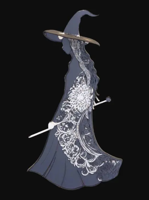 3D model for A multi-layered 3D laser-cut witch wall art, featuring a dark slate grey outer silhouette. Beneath this top layer, intricate, mandala-inspired patterns are carved into lighter, creamy off-white layers, revealing complex floral and tribal motifs. The entire piece has a smooth, matte wood-like texture, creating distinct depth and shadow play between its stacked components., #Halloween2025#