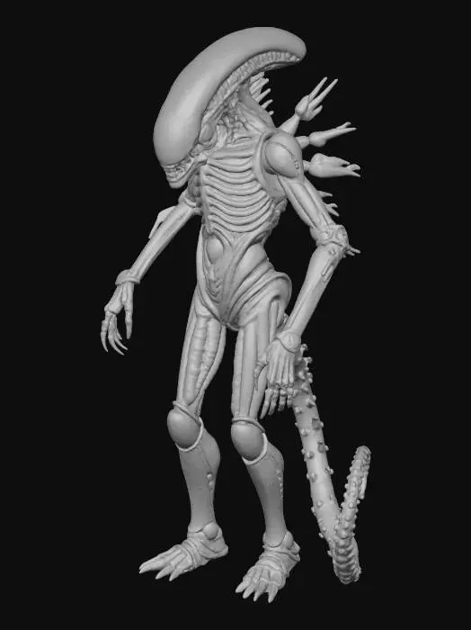 3D model for A highly detailed 3D model of a biomechanical creature, resembling a xenomorph, intricately constructed from aged brass, patinated bronze, and dark steel. Its elongated, smooth skull transitions into a spine and body composed of countless gears, pipes, wires, and mechanical joints, creating a dense, industrial texture. The metallic surfaces exhibit wear and grime, with a subtle sheen catching dramatic lighting against a stark black background, emphasizing its complex, menacing silhouette and coiled tail., #Halloween2025#,