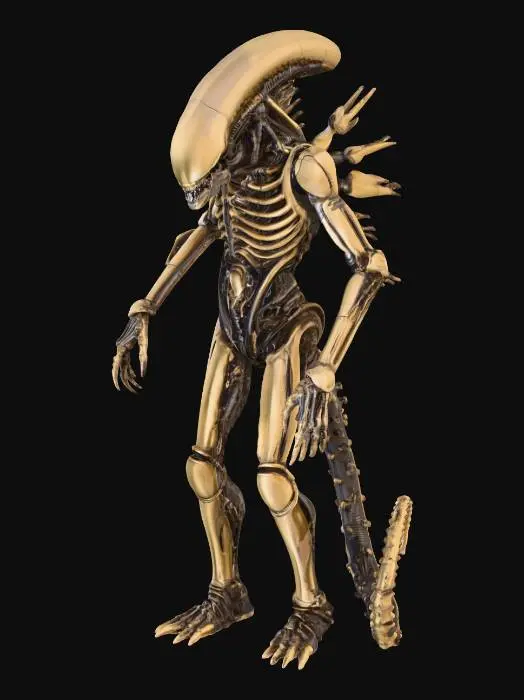 3D model for A highly detailed 3D model of a biomechanical creature, resembling a xenomorph, intricately constructed from aged brass, patinated bronze, and dark steel. Its elongated, smooth skull transitions into a spine and body composed of countless gears, pipes, wires, and mechanical joints, creating a dense, industrial texture. The metallic surfaces exhibit wear and grime, with a subtle sheen catching dramatic lighting against a stark black background, emphasizing its complex, menacing silhouette and coiled tail., #Halloween2025#,