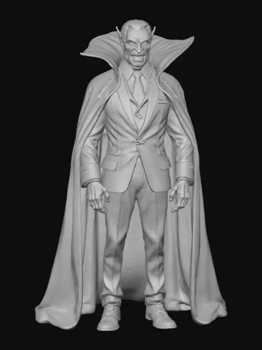 3D model for An over-the-top villain with an impossibly broad, muscular physique draped in a theatrical, high-collared cape of deep crimson velvet, lined with shimmering black silk. His meticulously styled, gravity-defying hair is a stark white, contrasting with his unnaturally pale, angular face. Piercing, glowing yellow eyes dominate his features, and a sneering, thin-lipped mouth hints at malevolence. He wears an intricately designed, gold-trimmed obsidian suit with sharp, exaggerated shoulder pads, and his hands are adorned with large, menacing claw-like rings.,#Halloween2025#