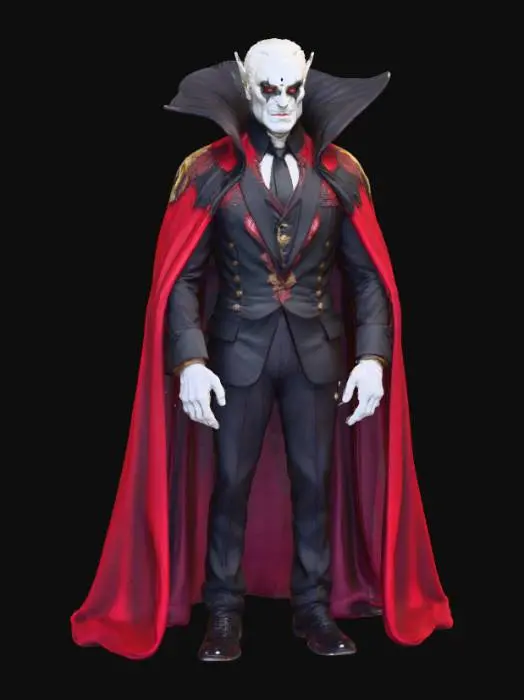 3D model for An over-the-top villain with an impossibly broad, muscular physique draped in a theatrical, high-collared cape of deep crimson velvet, lined with shimmering black silk. His meticulously styled, gravity-defying hair is a stark white, contrasting with his unnaturally pale, angular face. Piercing, glowing yellow eyes dominate his features, and a sneering, thin-lipped mouth hints at malevolence. He wears an intricately designed, gold-trimmed obsidian suit with sharp, exaggerated shoulder pads, and his hands are adorned with large, menacing claw-like rings.,#Halloween2025#