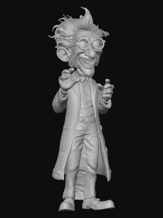 3D model for An eccentric mad scientist with wildly disheveled, spiky grey hair that stands on end, framed by thick, fogged spectacles perched precariously on his nose. His gaunt face is perpetually contorted into an exaggerated, maniacal grin, revealing a few gold teeth. He wears a perpetually stained, oversized white lab coat, singed and frayed at the edges, with numerous pockets bulging with mysterious gadgets. His hunched, frantic posture and long, gesticulating fingers add to his over-the-top, slightly deranged persona.,, #Halloween2025#