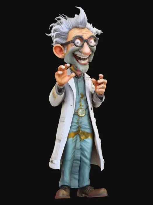 3D model for An eccentric mad scientist with wildly disheveled, spiky grey hair that stands on end, framed by thick, fogged spectacles perched precariously on his nose. His gaunt face is perpetually contorted into an exaggerated, maniacal grin, revealing a few gold teeth. He wears a perpetually stained, oversized white lab coat, singed and frayed at the edges, with numerous pockets bulging with mysterious gadgets. His hunched, frantic posture and long, gesticulating fingers add to his over-the-top, slightly deranged persona.,, #Halloween2025#