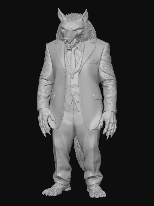 3D model for A towering werewolf, hunched slightly, is impeccably dressed in a tailored, dark charcoal three-piece suit, appearing slightly stretched over its muscular, fur-covered form. The suit fabric is a fine, smooth wool with a subtle woven texture, contrasted by a crisp white shirt and a silk tie. Its hands, tipped with sharp, dark claws, protrude from the cuffs. The coarse, dark brown fur of its face and exposed neck is matted and slightly bristly, framing glowing yellow eyes and a snarling, fanged maw. The overall impression is one of restrained ferocity within formal attire., #Halloween2025#