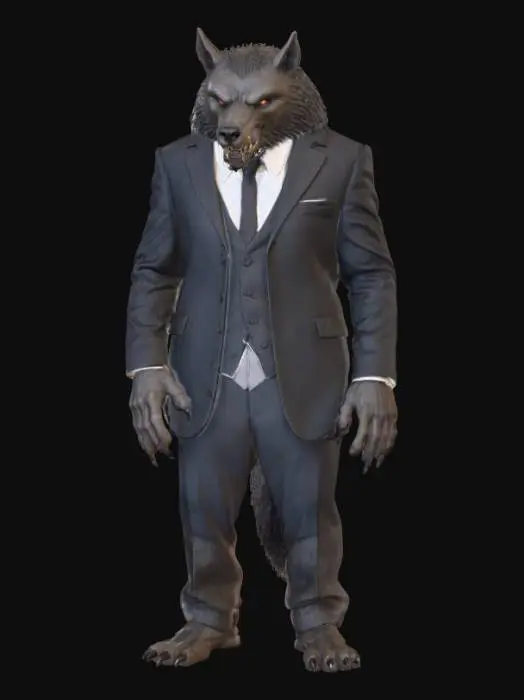 3D model for A towering werewolf, hunched slightly, is impeccably dressed in a tailored, dark charcoal three-piece suit, appearing slightly stretched over its muscular, fur-covered form. The suit fabric is a fine, smooth wool with a subtle woven texture, contrasted by a crisp white shirt and a silk tie. Its hands, tipped with sharp, dark claws, protrude from the cuffs. The coarse, dark brown fur of its face and exposed neck is matted and slightly bristly, framing glowing yellow eyes and a snarling, fanged maw. The overall impression is one of restrained ferocity within formal attire., #Halloween2025#