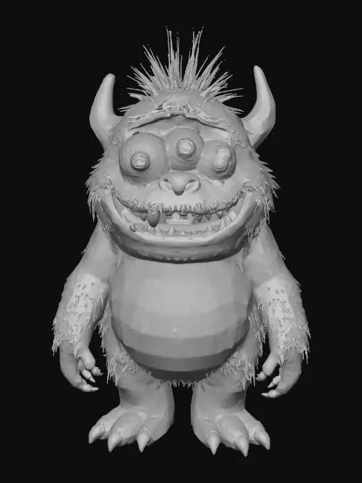 3D model for A short, stocky monster with a rounded, plush-like body made of soft, emerald green fleece. It features three large, innocent-looking eyes, each a vibrant yellow with a small black pupil, contrasted by a wide, toothy grin filled with surprisingly sharp, tiny white fangs. Its small, clawed hands and feet are a darker forest green, adding a hint of menace to its otherwise cuddly form., #Halloween2025#