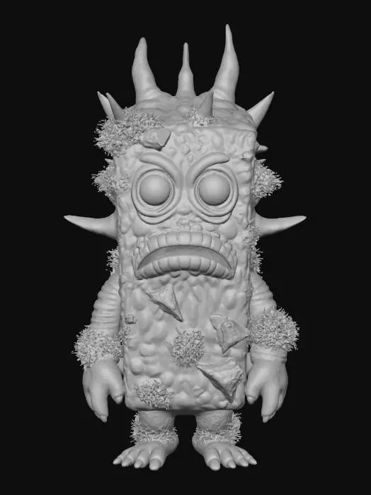 3D model for A cube-shaped monster crafted from bumpy, textured crimson rock, giving it a rugged, ancient appearance. Despite its rigid form, it has two large, doleful orange eyes that appear to well up with perpetual sadness, and a tiny, almost invisible mouth that twitches nervously. Mossy green patches grow on its upper surface, contrasting with the sharp, crystalline spikes subtly protruding from its sides and corners., #Halloween2025#