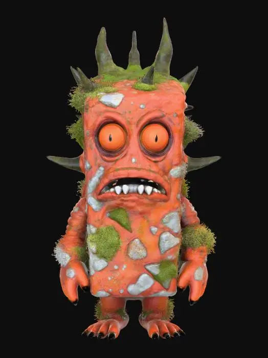 3D model for A cube-shaped monster crafted from bumpy, textured crimson rock, giving it a rugged, ancient appearance. Despite its rigid form, it has two large, doleful orange eyes that appear to well up with perpetual sadness, and a tiny, almost invisible mouth that twitches nervously. Mossy green patches grow on its upper surface, contrasting with the sharp, crystalline spikes subtly protruding from its sides and corners., #Halloween2025#