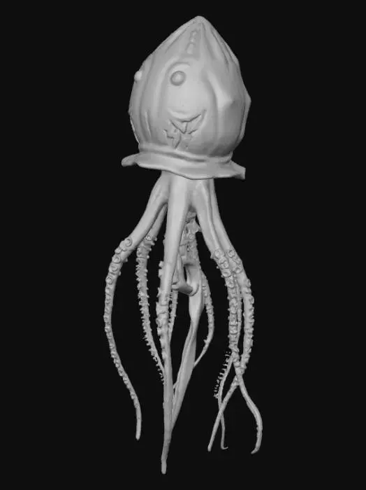 3D model for A bioluminescent deep-sea creature, vaguely resembling a jellyfish but with crystalline, multi-faceted bell. Its translucent body shimmers with pulsating neon blues and purples, composed of a flexible, gelatinous chitin. Six long, ribbon-like tendrils, edged with microscopic, razor-sharp barbs, gently undulate, each glowing with an ethereal green light, contrasting with its dark, obsidian-like eyes., #Halloween2025#