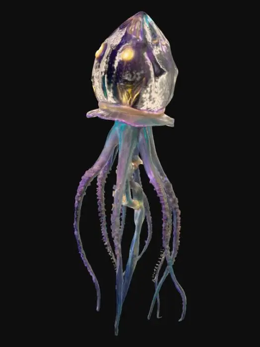 3D model for A bioluminescent deep-sea creature, vaguely resembling a jellyfish but with crystalline, multi-faceted bell. Its translucent body shimmers with pulsating neon blues and purples, composed of a flexible, gelatinous chitin. Six long, ribbon-like tendrils, edged with microscopic, razor-sharp barbs, gently undulate, each glowing with an ethereal green light, contrasting with its dark, obsidian-like eyes., #Halloween2025#