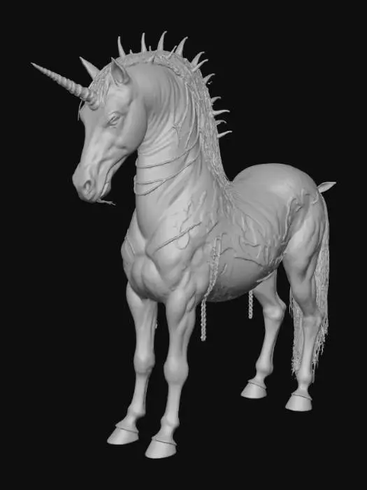 3D model for Imagine a unicorn constructed from rusted, jagged metal plates, welded crudely together, with dark crimson stains resembling dried blood. Its horn is a twisted, barbed iron spike, and glowing, ember-like cracks run through its metallic hide. The mane and tail are chains, clanking faintly, adorned with sharp, broken glass shards. Its eyes burn with a cold, spectral blue flame, reflecting a tormented, dangerous aura., #Halloween2025#
