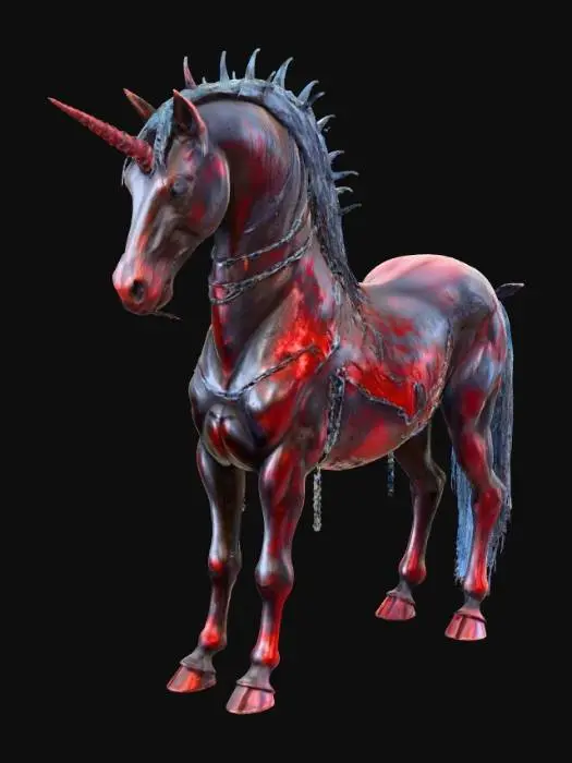 3D model for Imagine a unicorn constructed from rusted, jagged metal plates, welded crudely together, with dark crimson stains resembling dried blood. Its horn is a twisted, barbed iron spike, and glowing, ember-like cracks run through its metallic hide. The mane and tail are chains, clanking faintly, adorned with sharp, broken glass shards. Its eyes burn with a cold, spectral blue flame, reflecting a tormented, dangerous aura., #Halloween2025#