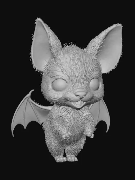 3D model for A plump, fuzzy creature with oversized, glossy black eyes and tiny, stubby bat-like wings. Its marshmallow-soft body is a pastel orange, covered in short, plush fur, giving it a squishy, squeezable texture. It has small, rounded limbs and a goofy, wide smile revealing two minuscule, blunt fangs., #Halloween2025#