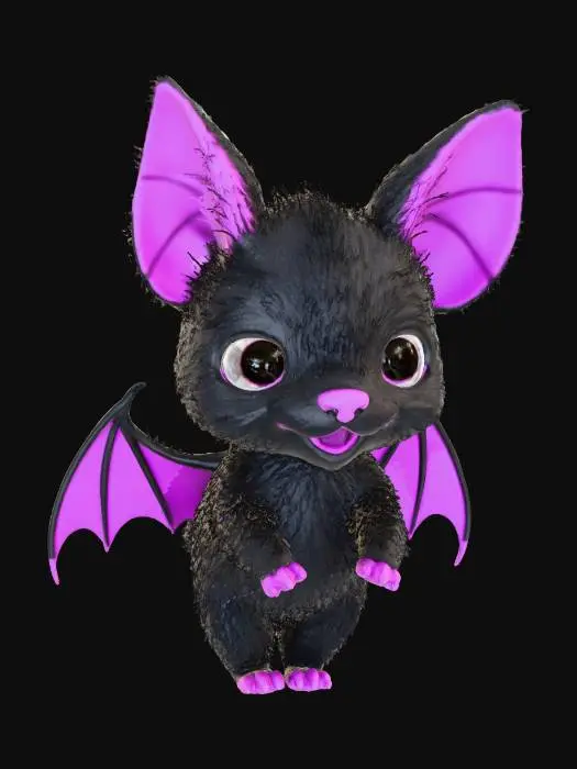 3D model for A plump, fuzzy creature with oversized, glossy black eyes and tiny, stubby bat-like wings. Its marshmallow-soft body is a pastel orange, covered in short, plush fur, giving it a squishy, squeezable texture. It has small, rounded limbs and a goofy, wide smile revealing two minuscule, blunt fangs., #Halloween2025#