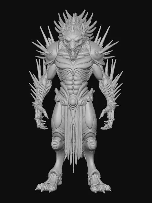 3D model for An H.R. Giger-inspired Wolf Man, his lupine features distorted into a terrifying biomechanical nightmare. His fur is replaced by a dense covering of spiked, metallic filaments that glint with an oily sheen. His head is an elongated, angular skull-like structure with multiple, glowing red optical sensors instead of eyes, and his maw is filled with rows of razor-sharp, metallic teeth. Tubes and wires snake across his muscular, armored limbs, suggesting a horrifying fusion of beast and machine., #Halloween2025#