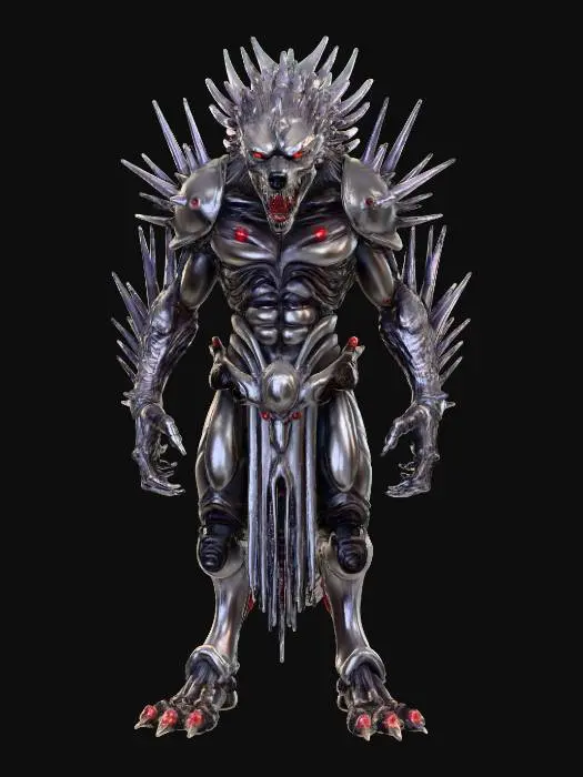 3D model for An H.R. Giger-inspired Wolf Man, his lupine features distorted into a terrifying biomechanical nightmare. His fur is replaced by a dense covering of spiked, metallic filaments that glint with an oily sheen. His head is an elongated, angular skull-like structure with multiple, glowing red optical sensors instead of eyes, and his maw is filled with rows of razor-sharp, metallic teeth. Tubes and wires snake across his muscular, armored limbs, suggesting a horrifying fusion of beast and machine., #Halloween2025#