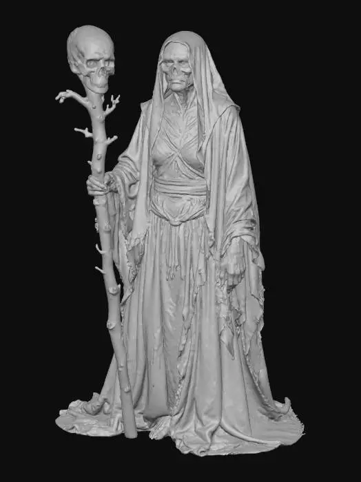 3D model for A withered evil sorceress, her gaunt frame encased in tattered, rust-brown and faded crimson fabrics that cling to her like decaying skin, featuring a rough, moth-eaten texture. Her face is a tapestry of deep wrinkles, with skin like parchment stretched over sharp bone, and hollow, dark eyes that burn with a cold, malevolent intelligence. She wields a staff of gnarled, dark wood, topped with a skull of an unknown beast., #Halloween2025#