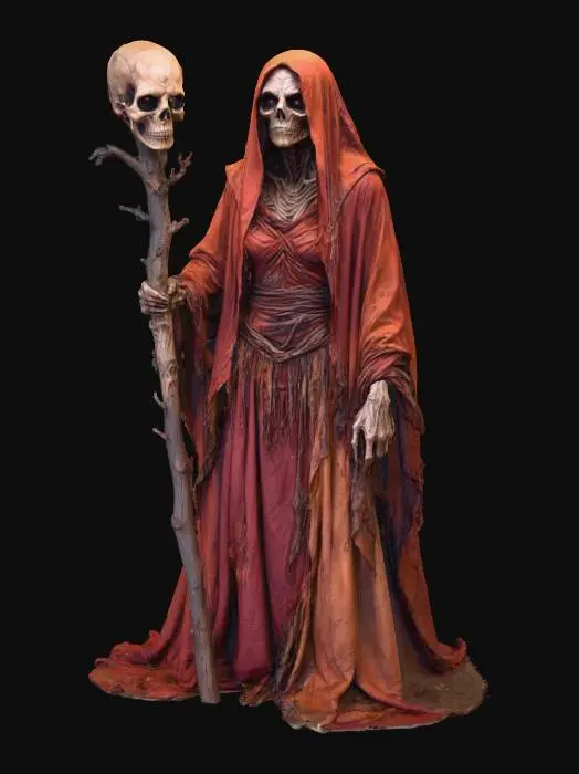 3D model for A withered evil sorceress, her gaunt frame encased in tattered, rust-brown and faded crimson fabrics that cling to her like decaying skin, featuring a rough, moth-eaten texture. Her face is a tapestry of deep wrinkles, with skin like parchment stretched over sharp bone, and hollow, dark eyes that burn with a cold, malevolent intelligence. She wields a staff of gnarled, dark wood, topped with a skull of an unknown beast., #Halloween2025#