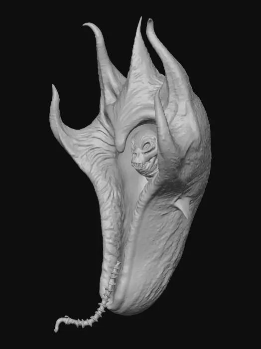 3D model for A realistic, sinister monster resembling a carnivorous plant or alien creature. It features a dark, inverted bell-shaped calyx with five prominent, pointed, leathery petals in muted tones of dark grey-purple, encasing a deep black, shadowy void. From this abyss emerges a thick, fleshy, vibrant pink proboscis or tongue, heavily textured with distinct grooves and a glistening, moist surface, curling downwards. The lighting accentuates its unsettling, organic form against a stark background., #Halloween2025#