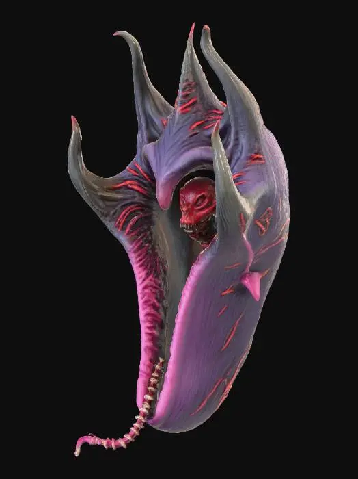 3D model for A realistic, sinister monster resembling a carnivorous plant or alien creature. It features a dark, inverted bell-shaped calyx with five prominent, pointed, leathery petals in muted tones of dark grey-purple, encasing a deep black, shadowy void. From this abyss emerges a thick, fleshy, vibrant pink proboscis or tongue, heavily textured with distinct grooves and a glistening, moist surface, curling downwards. The lighting accentuates its unsettling, organic form against a stark background., #Halloween2025#