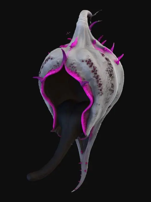3D model for A realistic, sinister monster resembling a carnivorous plant or alien creature. It features a dark, inverted bell-shaped calyx with five prominent, pointed, leathery petals in muted tones of dark grey-purple, encasing a deep black, shadowy void. From this abyss emerges a thick, fleshy, vibrant pink proboscis or tongue, heavily textured with distinct grooves and a glistening, moist surface, curling downwards. The lighting accentuates its unsettling, organic form against a stark background., #Halloween2025#