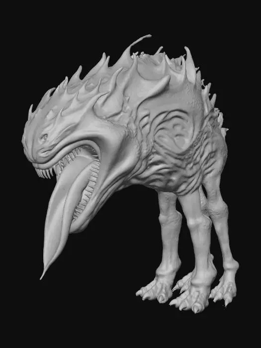 3D model for A realistic, sinister monster resembling a carnivorous plant or alien creature. It features a dark, inverted bell-shaped calyx with five prominent, pointed, leathery petals in muted tones of dark grey-purple, encasing a deep black, shadowy void. From this abyss emerges a thick, fleshy, vibrant pink proboscis or tongue, heavily textured with distinct grooves and a glistening, moist surface, curling downwards. The lighting accentuates its unsettling, organic form against a stark background., #Halloween2025#