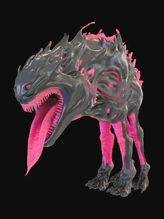 3D model for A realistic, sinister monster resembling a carnivorous plant or alien creature. It features a dark, inverted bell-shaped calyx with five prominent, pointed, leathery petals in muted tones of dark grey-purple, encasing a deep black, shadowy void. From this abyss emerges a thick, fleshy, vibrant pink proboscis or tongue, heavily textured with distinct grooves and a glistening, moist surface, curling downwards. The lighting accentuates its unsettling, organic form against a stark background., #Halloween2025#
