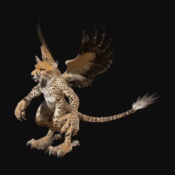 3D model for Cheetah with the head,, wings and tail of an eagle. Cheetah spots. Talons on the front feet and paws for the back feet. Cheetah ears