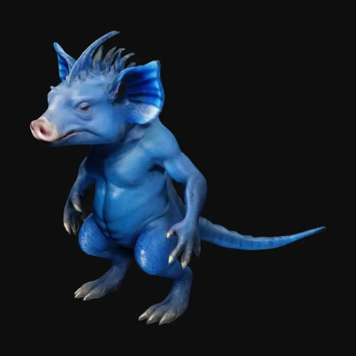3D model for muscular pig body with spinosaur fin 
on its back shiny blue scales clawed feet and tail with spines
