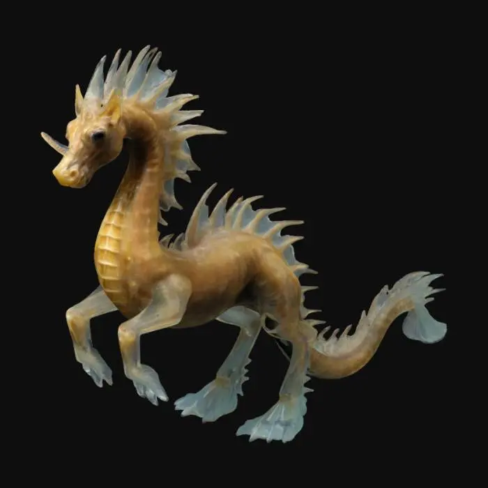 3D model for Sea horse looking horse with webbed feet and claws. Fins along its head and back. The tail and mane are tentacles