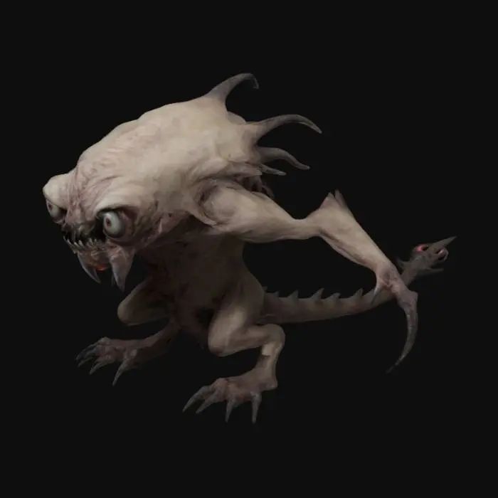 3D model for Scorn inspired creature with six creepy eyes and no mouth with tail that is barbed 