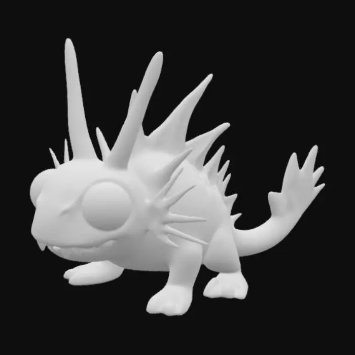 3D model for axolotl with antennae with eyes on the end and fin along its back and spikey tail. fangs showing. fins on the side of its face. 