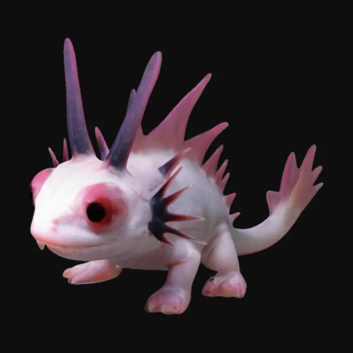 3D model for axolotl with antennae with eyes on the end and fin along its back and spikey tail. fangs showing. fins on the side of its face. 