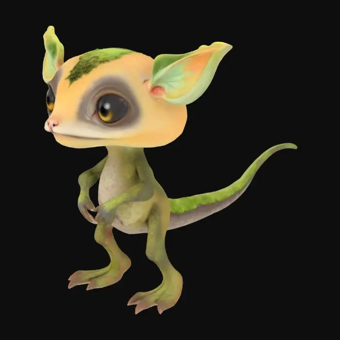 3D model for Creature that has wide eyes stubby limbs , mossy fur, and  a soft leafy tail.