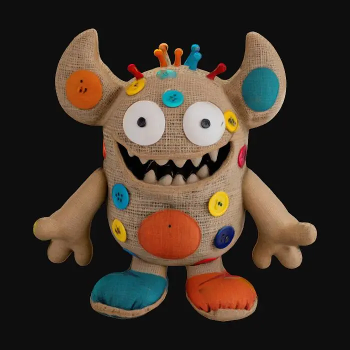 3D model for Cute monster stuffed toy made outnof burlap. Buttons for eyes.