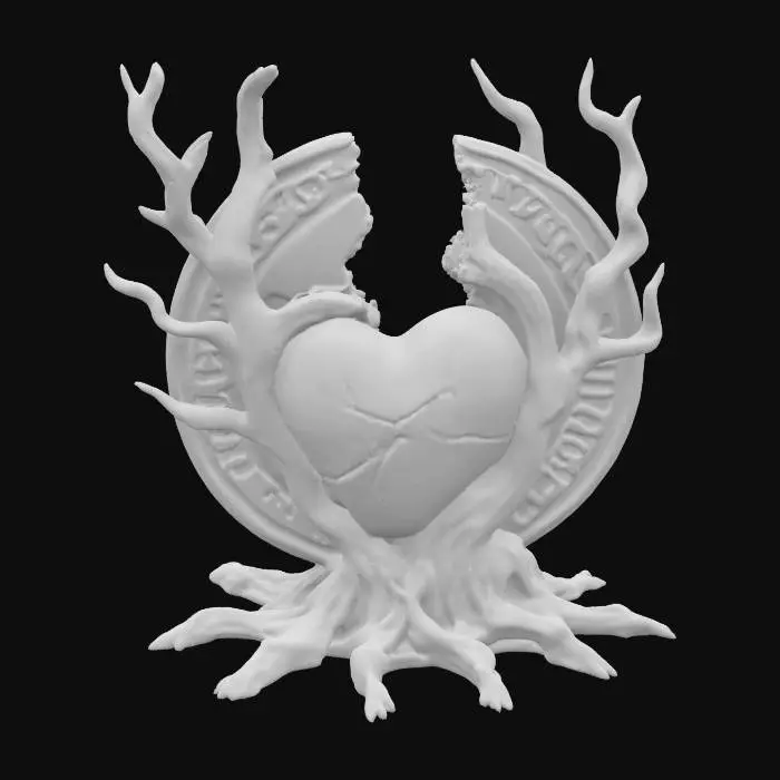 3D model for A coin with a realistic heart being pulled apart by a realistic dead tree with branches and roots 