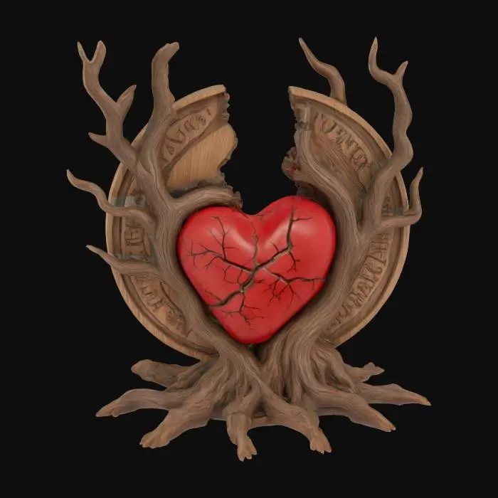 3D model for A coin with a realistic heart being pulled apart by a realistic dead tree with branches and roots 