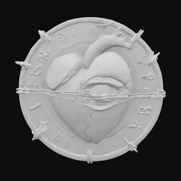 3D model for Coin with a realistic heart torn down the middle with barbed wire surrounding it on the front and bleeding eye on the back 