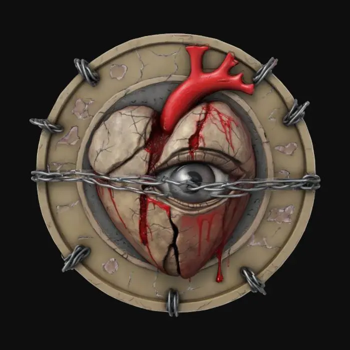 3D model for Coin with a realistic heart torn down the middle with barbed wire surrounding it on the front and bleeding eye on the back 