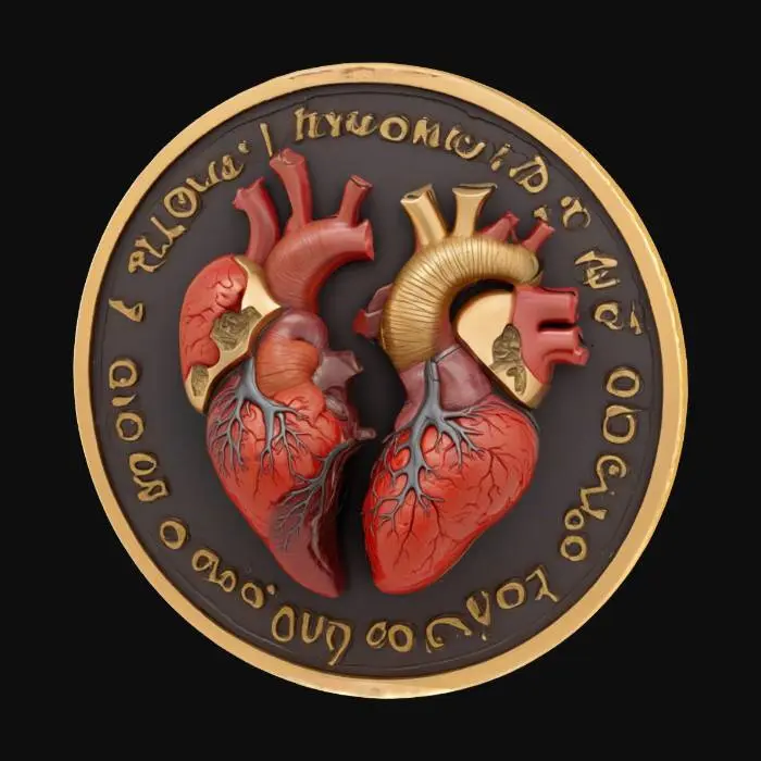 3D model for A coin with a realistic heart being pulled apart on the front and the phrase I will gladly tear myself in two and give a piece of me to you on the back