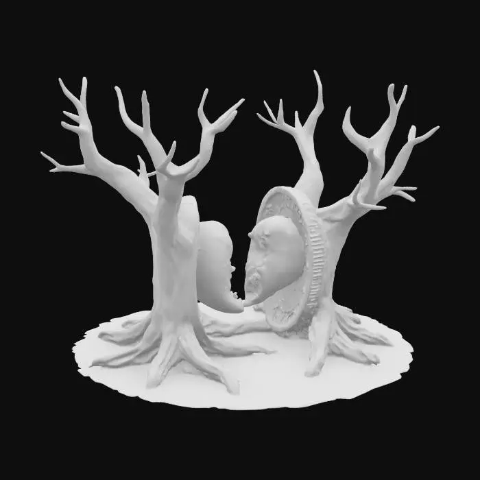 3D model for A coin with a realistic heart being pulled apart by a realistic dead tree with branches and roots 