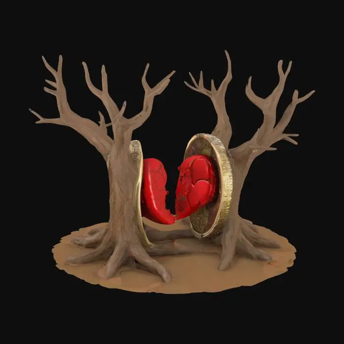3D model for A coin with a realistic heart being pulled apart by a realistic dead tree with branches and roots 