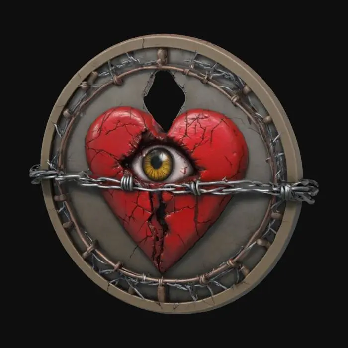 3D model for Coin with a realistic heart torn down the middle with barbed wire surrounding it on the front and bleeding eye on the back 