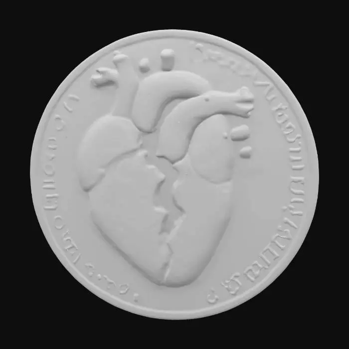 3D model for A coin with a realistic heart being pulled apart on the front and the phrase I will gladly tear myself in two and give a piece of me to you on the back